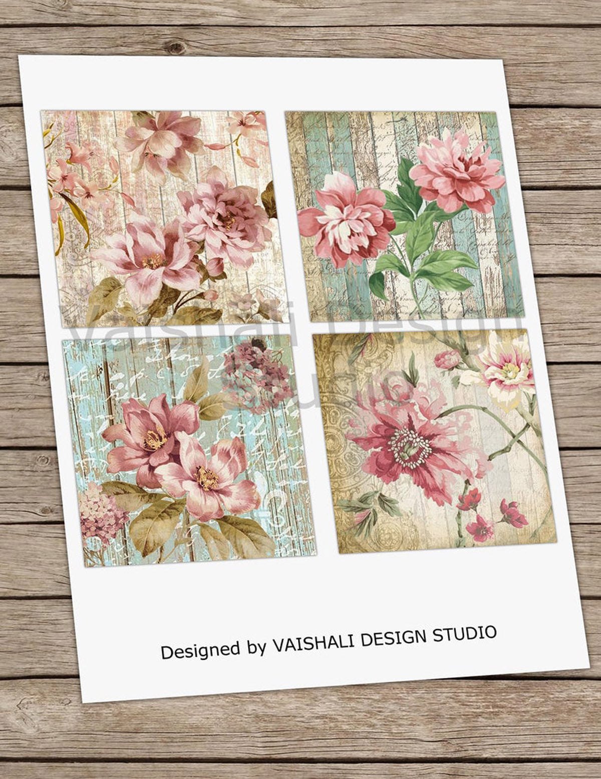 Vintage floral with wooden plank texture & script, printable coasters, set of 4 designs, 3.8"X3.8"