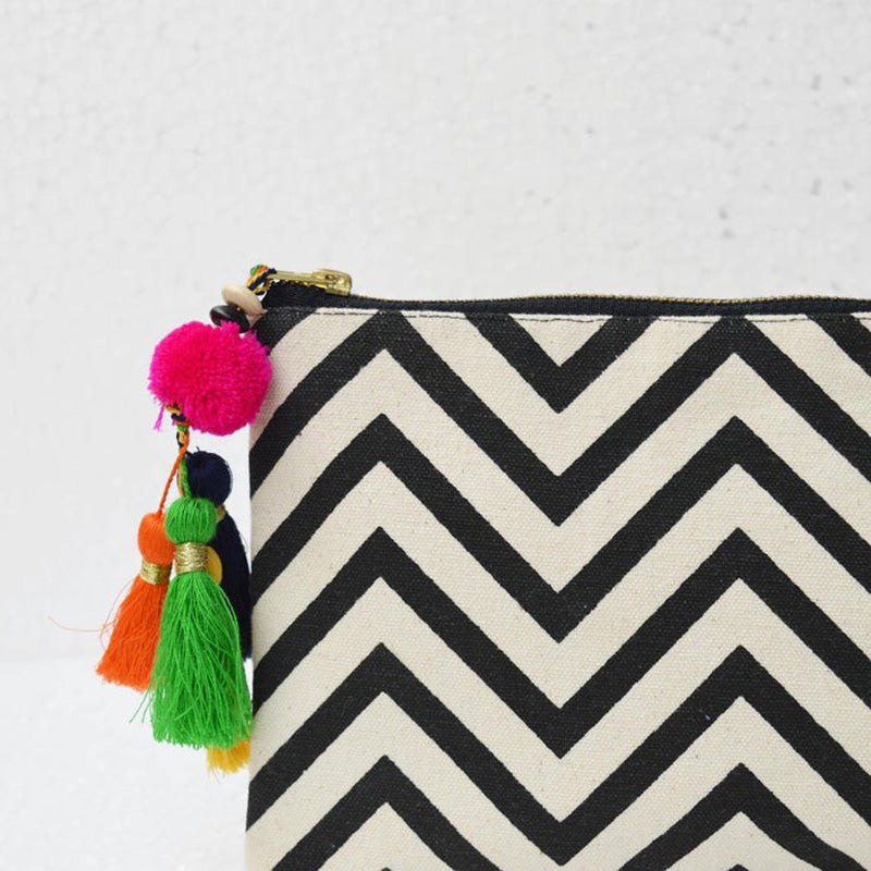 Black and white, geometric pattern, chevron print, make up or cosmetic handbag, utility pouch