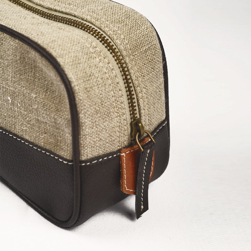 Toiletry bag, makeup handbag, dark brown, linen, faux leather, make up bag, cosmetic bag