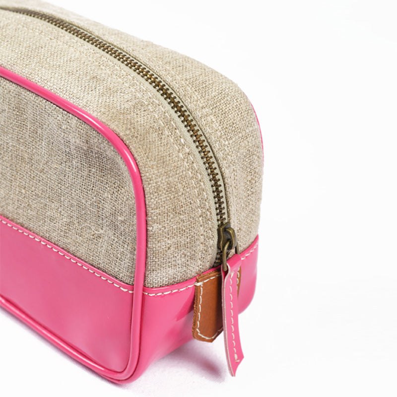 Linen and bright pink faux leather toiletry bag, cosmetic pouch.