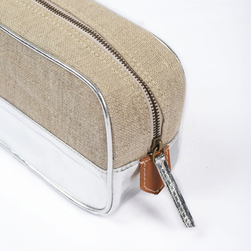 Toiletry bag, makeup bag, silver, faux leather, linen, make up bag, cosmetic handbag