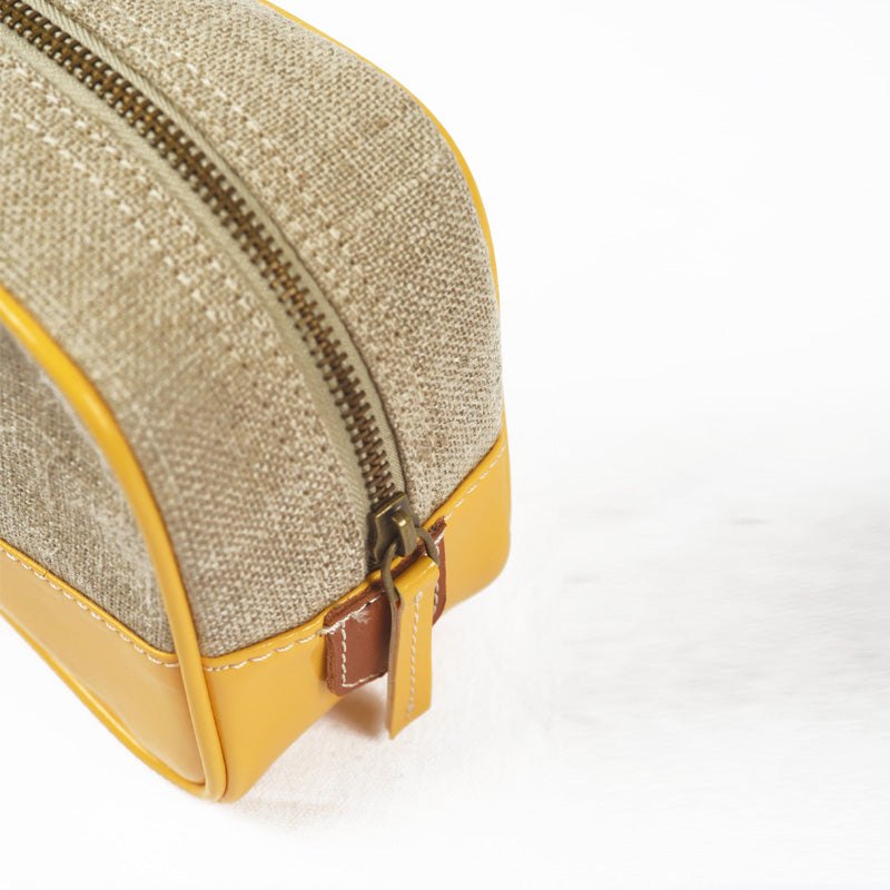 Toiletry bag, makeup handbag, yellow, linen, faux leather, cosmetic bag