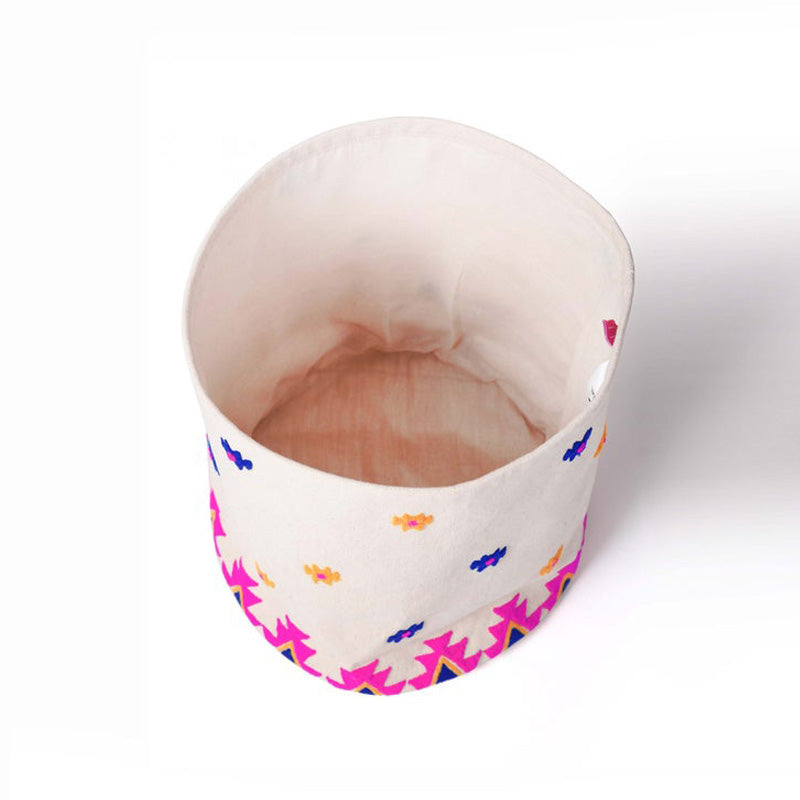 Storage basket, embroidered, bright pink acrylic wool on canvas fabric, laundry hamper, fabric bucket, sizes available