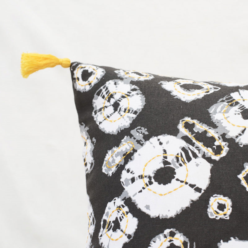 Shibori diamond pillow cover, grey print,bright yellow tassels cushion cover