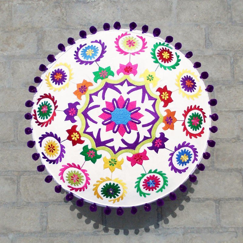 Suzani pattern off White pouf cover