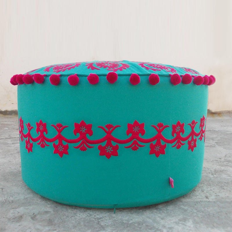 Suzani - Turquoise Pouf cover, embroidered bohemian ottoman cover with pompoms, 22X12 inches