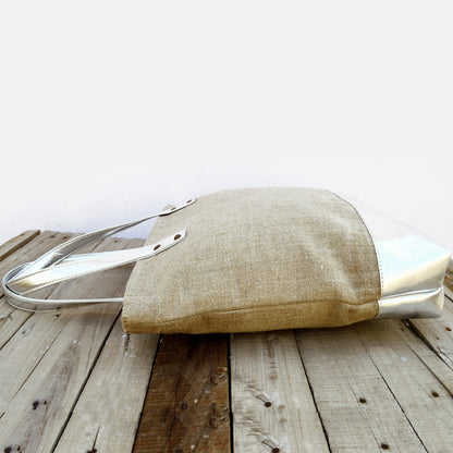 Tote bag, natural linen with silver faux leather, classic everyday bag.