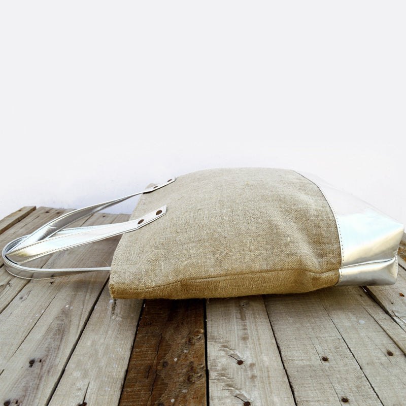 Tote bag, natural linen with silver faux leather, classic everyday bag.