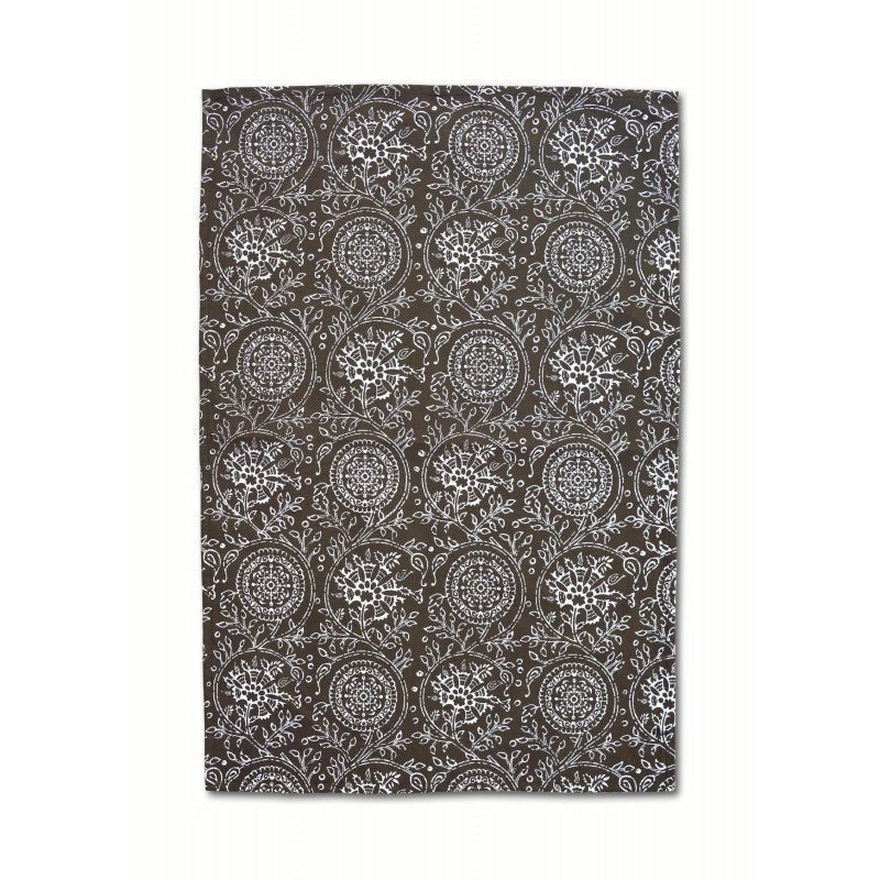 Dark brown Kitchen Towel, floral print, kalamkari, Indian ethnic, printed Tea Towel, 100% cotton, size 20"X28"