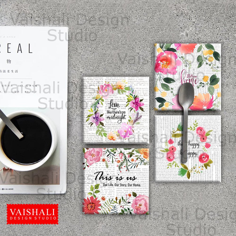 Watercolour florals with quotes, printable coasters, set of 4 designs, 3.8"X3.8"