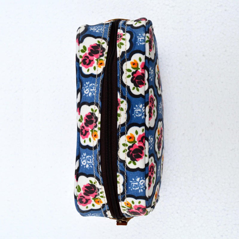 Blue toiletry handbag, rose print, shabby chic, laminated bag, make up or cosmetic bag, utility pouch.