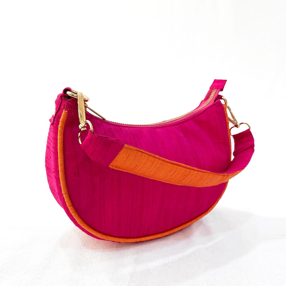 Small half moonSmall half moon crescent purse, pure silk, hot pink & tangerine colour