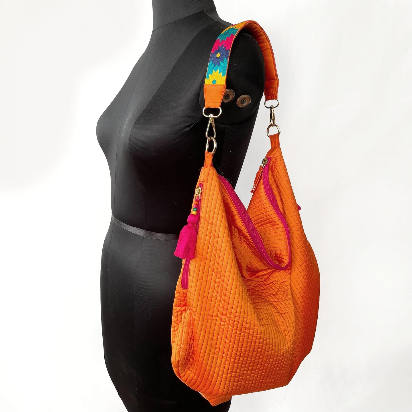 Faux Silk quilted HOBO Bag, Tangerine, hand embroidered handle, Gift for her