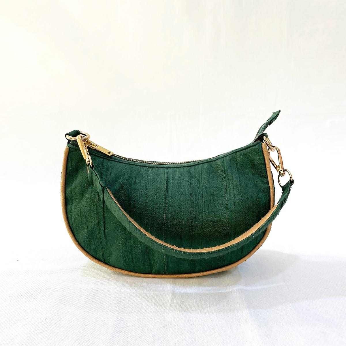 Small half moon crescent purse, pure silk, Bottle Green & Beige colour