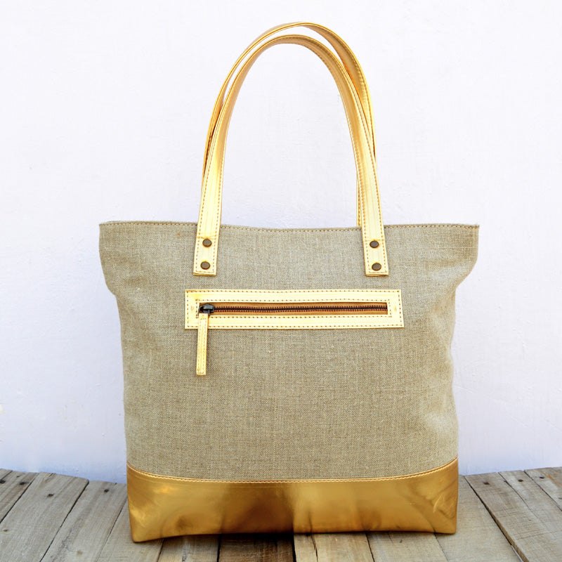 Tote bag, natural linen with gold faux leather, classic everyday bag.