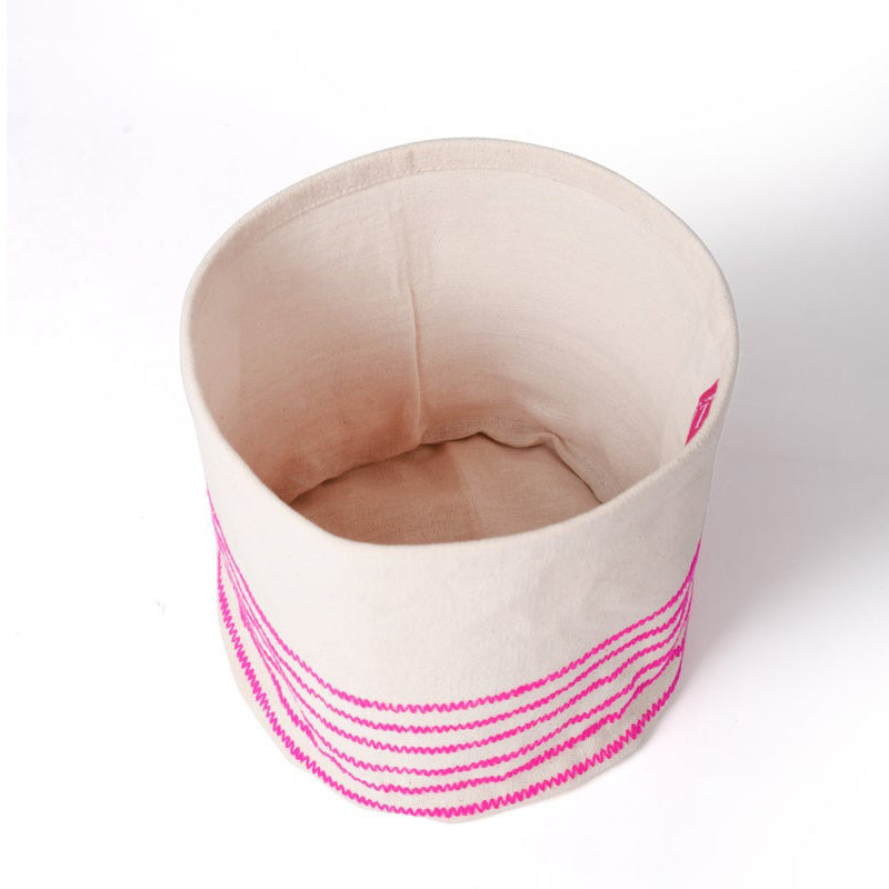 Storage basket, embroidered, bright pink acrylic wool on canvas fabric, laundry hamper, fabric bucket, sizes available