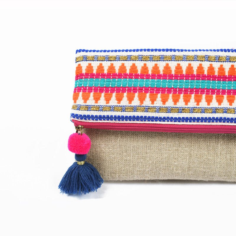 Boho linen foldover clutch, Moroccan multicolored acrylic