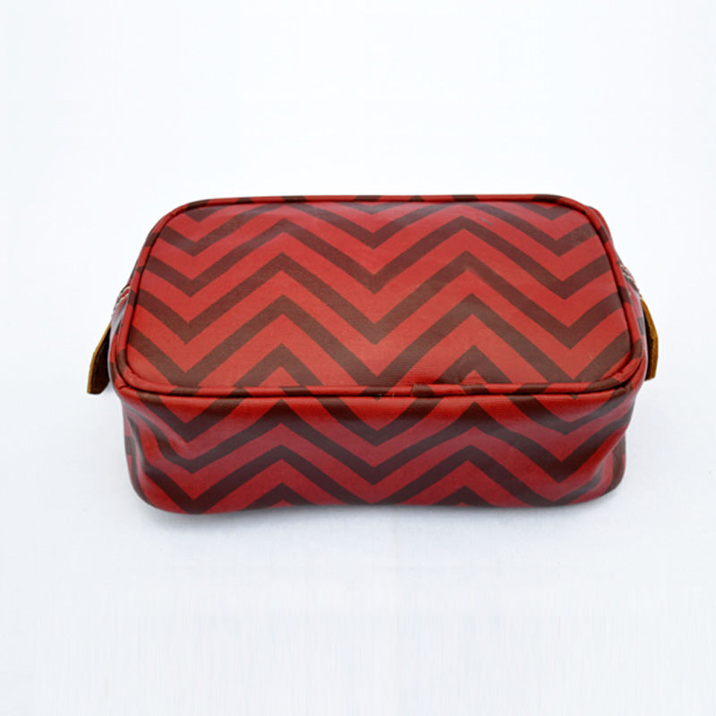 Red toiletry bag, chevron print, laminated bag, make up or cosmetic handbag, utility pouch