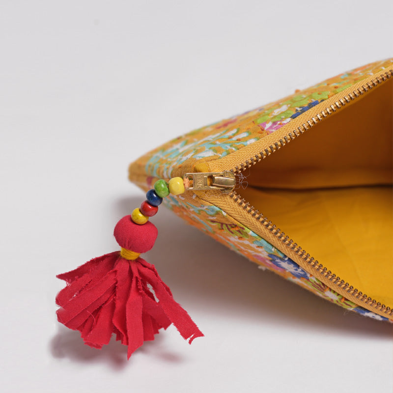 Yellow pouch, zipper purse, make up or cosmetic bag, utility pouch, kantha handbag