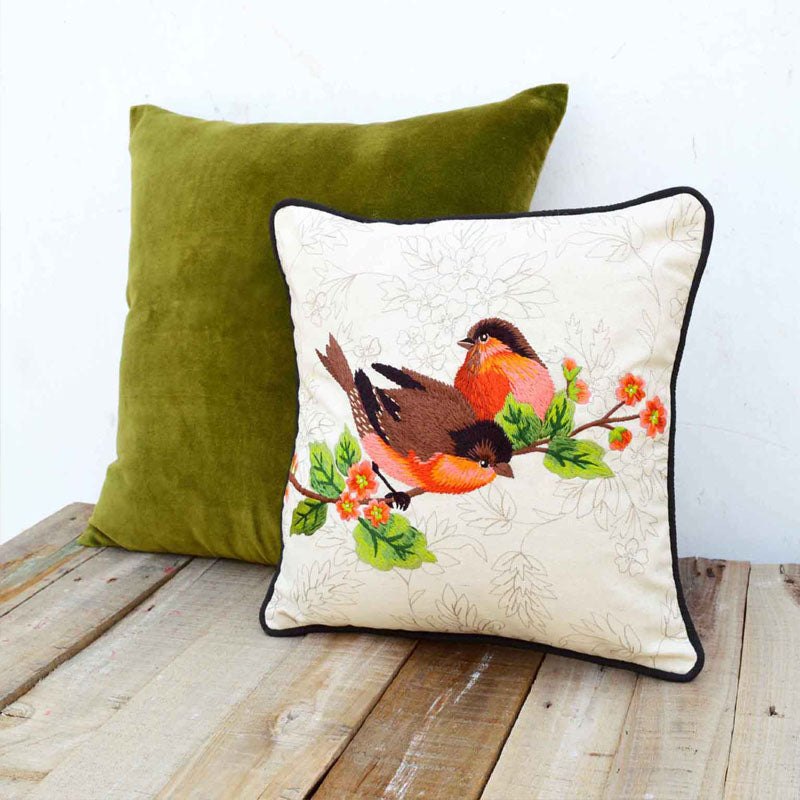 Love Birds pillow, embroidered, cotton throw pillow cover