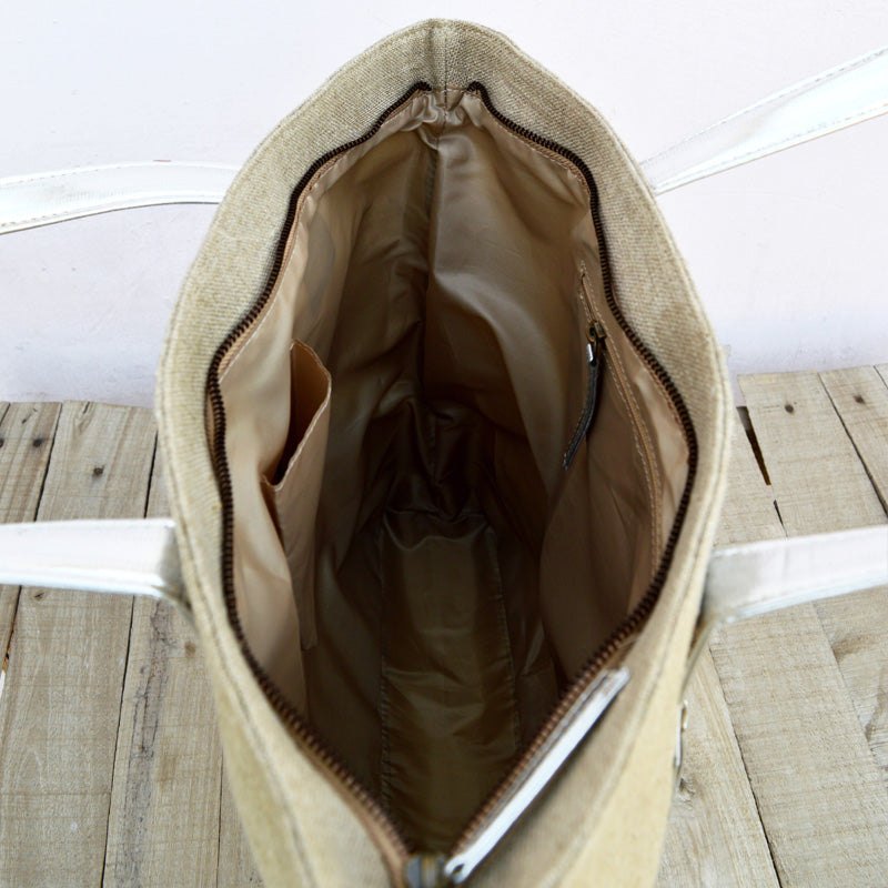 Tote bag, natural linen with silver faux leather, classic everyday bag.