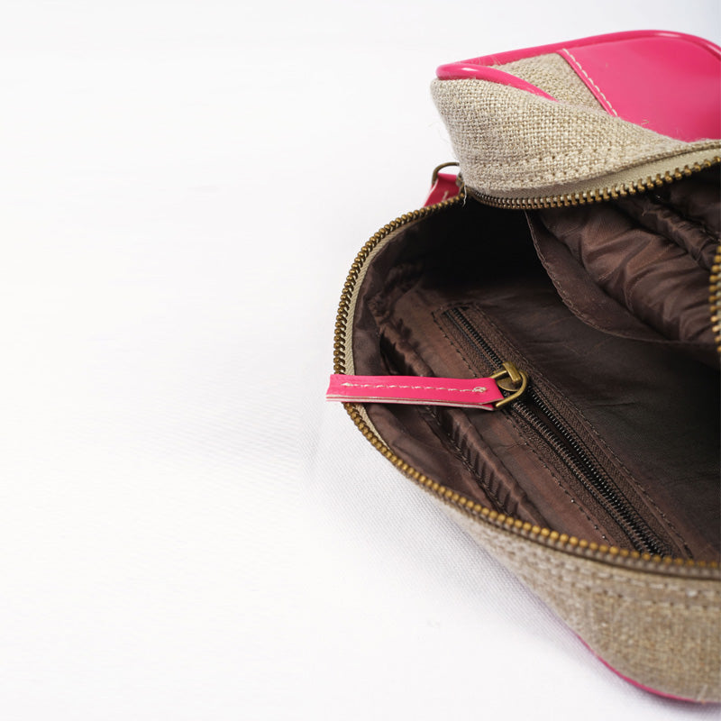 Linen and bright pink faux leather toiletry bag, cosmetic pouch.