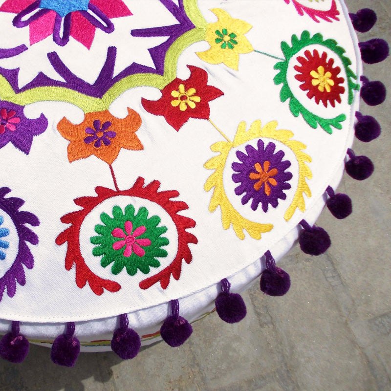 Suzani pattern off White pouf cover
