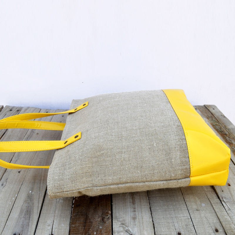 Tote bag, natural linen with yellow faux leather, classic everyday bag