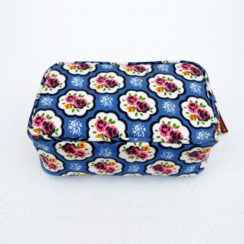 Blue toiletry handbag, rose print, shabby chic, laminated bag, make up or cosmetic bag, utility pouch.