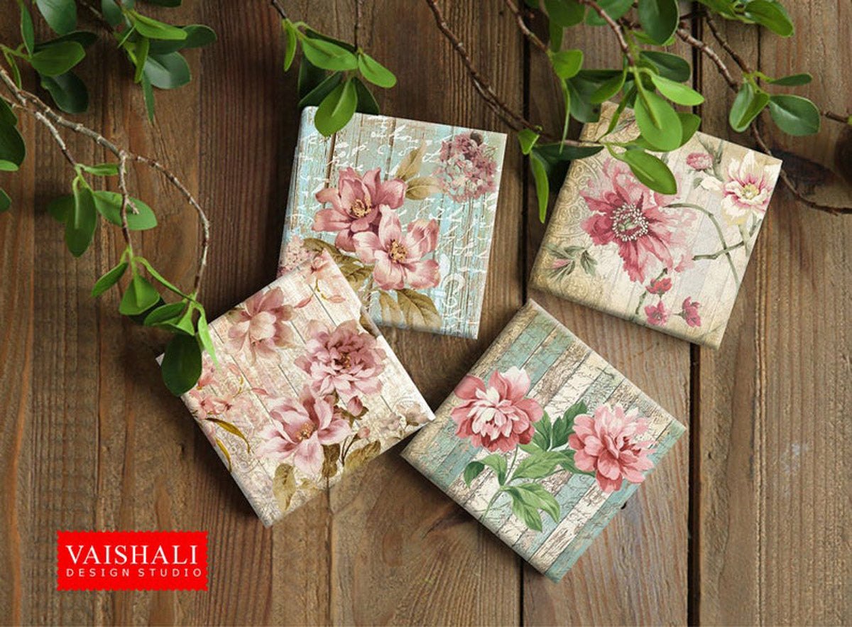 Vintage floral with wooden plank texture & script, printable coasters, set of 4 designs, 3.8"X3.8"