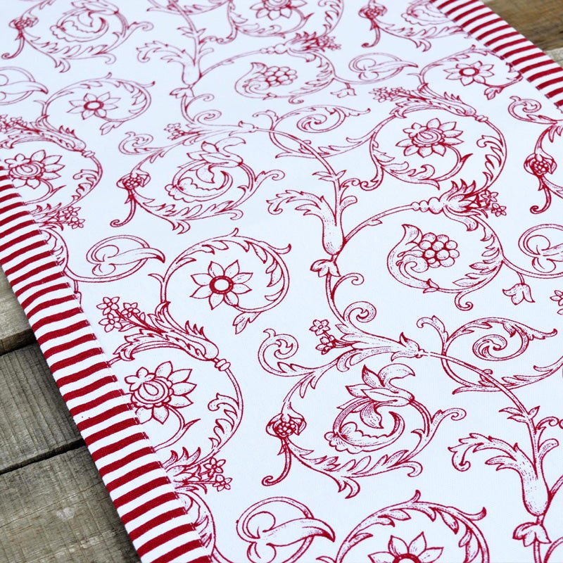 Red runner, swirl print, red stripe border, cotton table runner