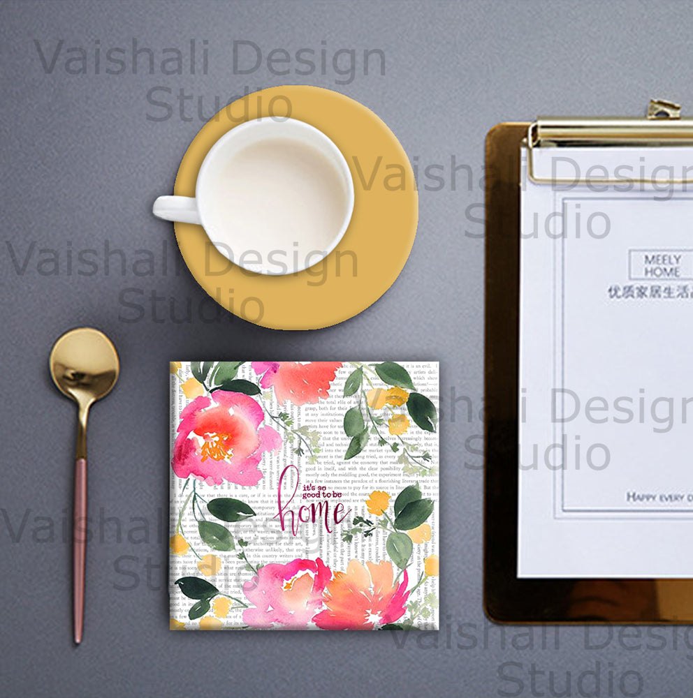 Watercolour florals with quotes, printable coasters, set of 4 designs, 3.8"X3.8"