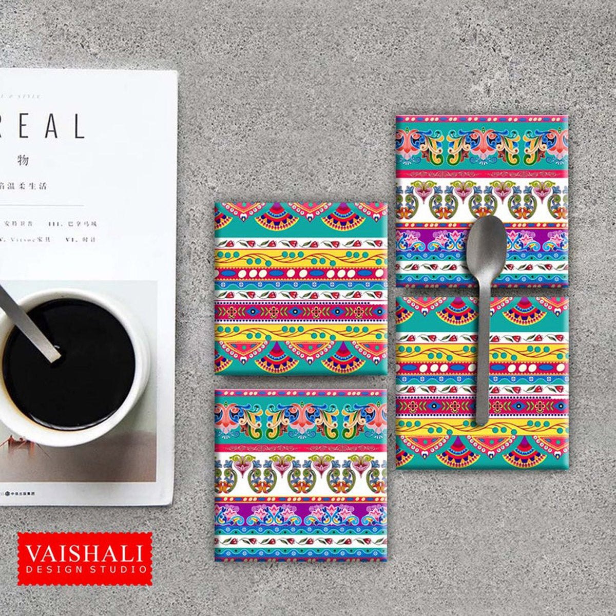 Truck art pattern, multicolored, bright & vibrant printable coasters 3.8"x3.8"