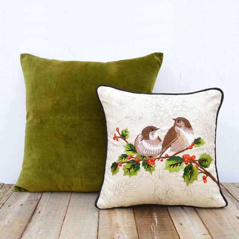 Love Birds pillow cover, embroidered cotton cushion cover, cotton throw pillow