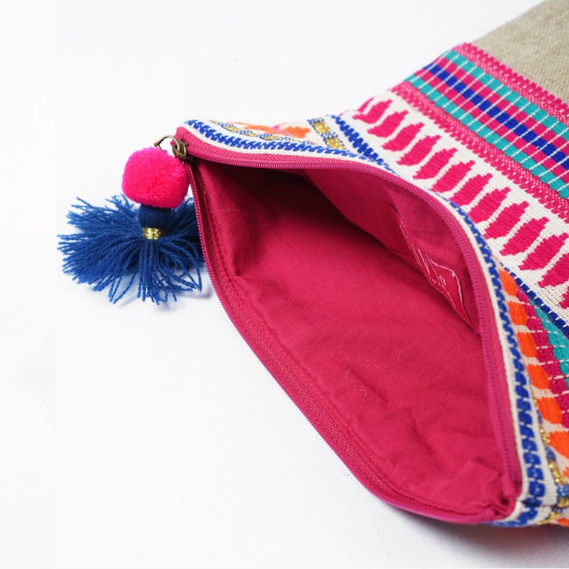Boho linen foldover clutch, Moroccan multicolored acrylic