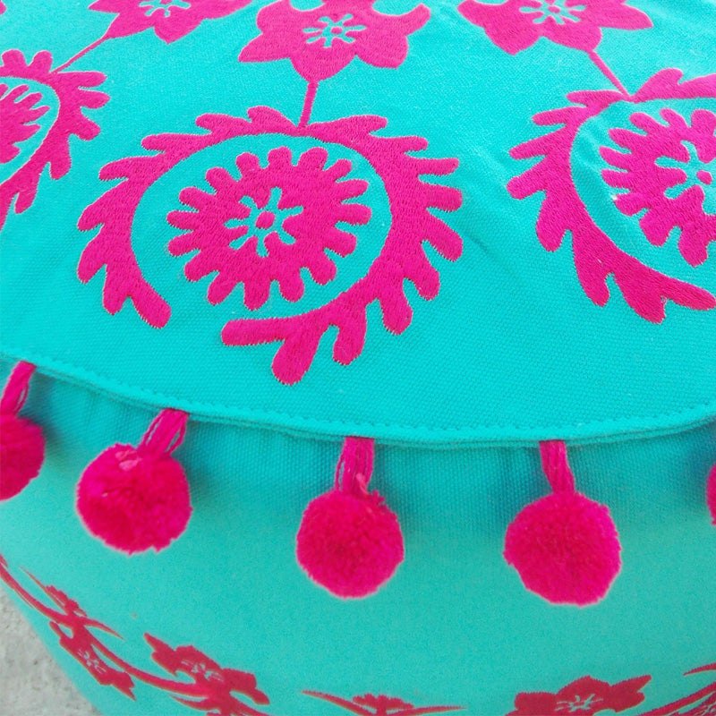 Suzani - Turquoise Pouf cover, embroidered bohemian ottoman cover with pompoms, 22X12 inches