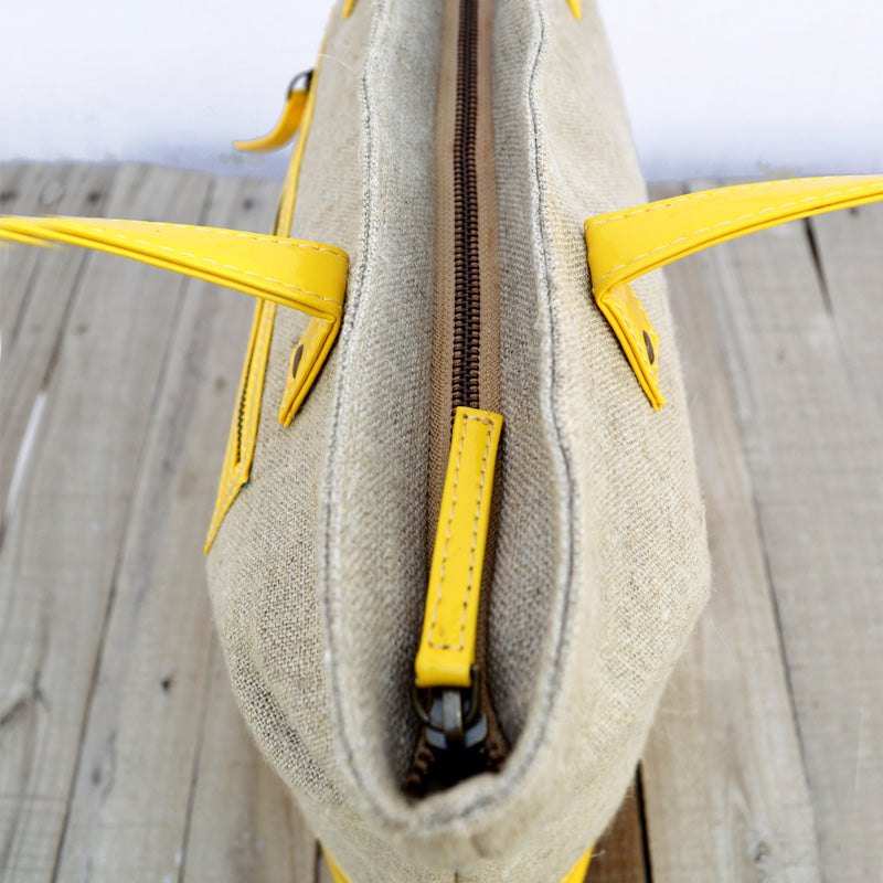 Tote bag, natural linen with yellow faux leather, classic everyday bag