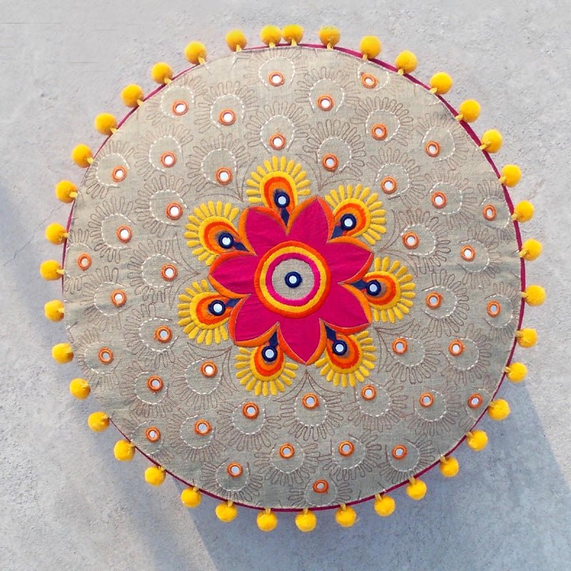 Pouf cover, linen, cotton, multicolor embroidery, tribal, bohemian, ottoman cover, pompoms, Indian craft, 22X12 inches