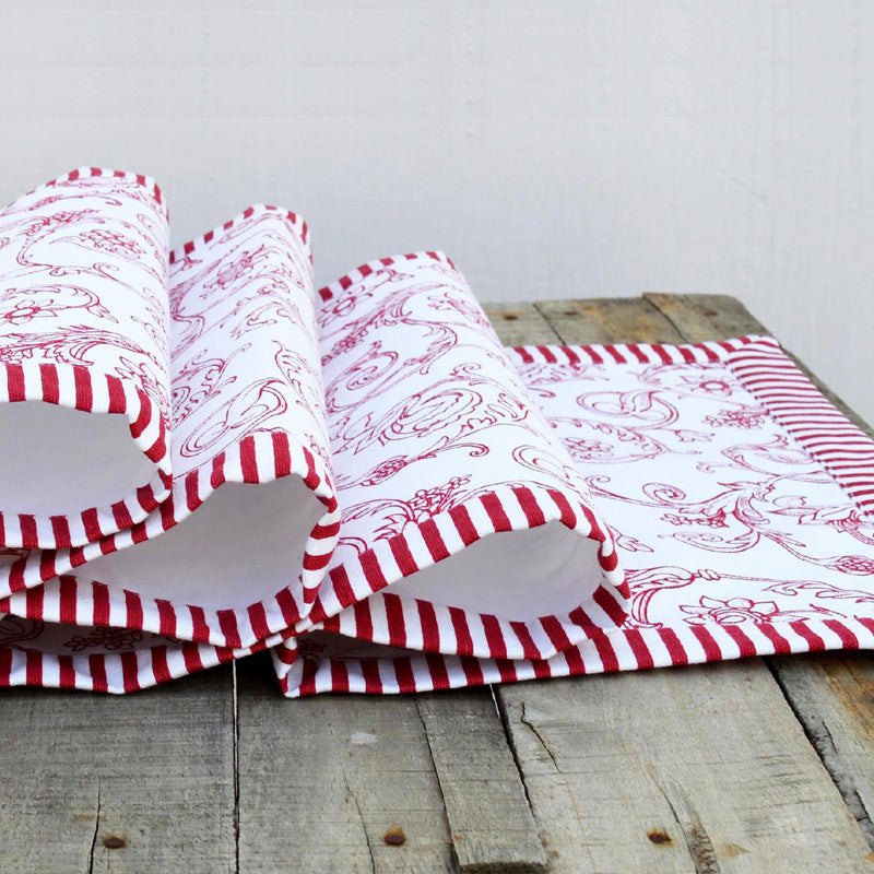 Red runner, swirl print, red stripe border, cotton table runner