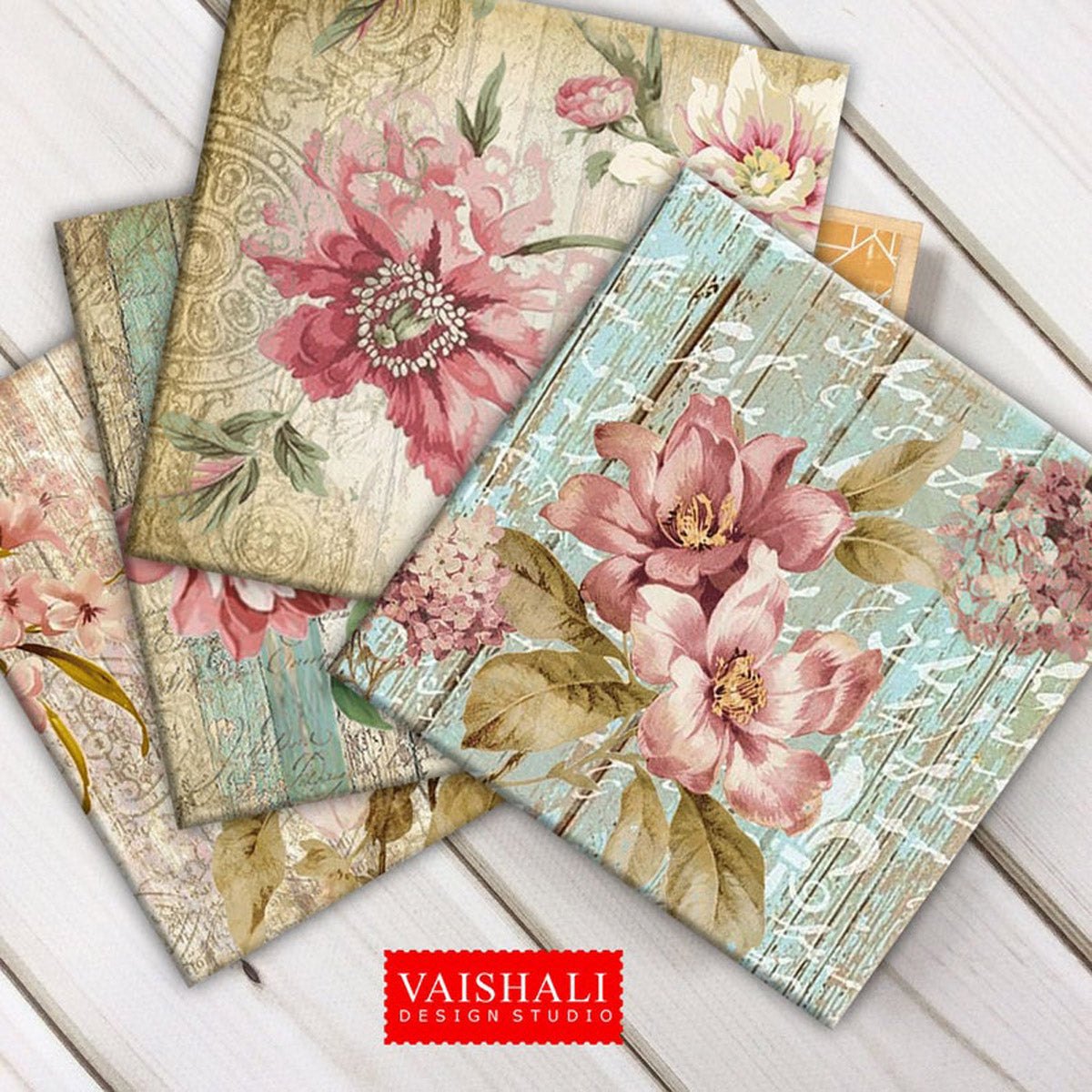 Vintage floral with wooden plank texture & script, printable coasters, set of 4 designs, 3.8"X3.8"