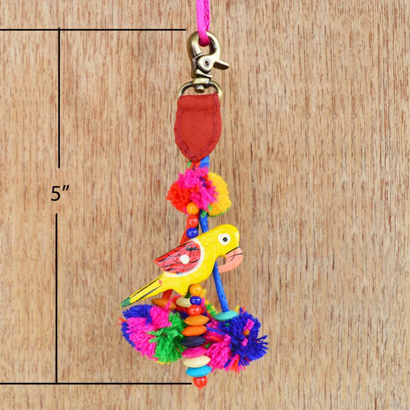 Multicolor tassel, parrot and pompom, handmade, boho bag charm, tribal, bohemian, moroccan size 5" or 12.5 cms