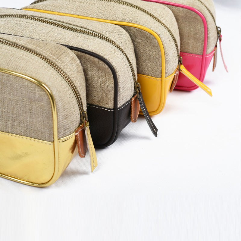 Toiletry bag, makeup bag, gold, faux leather, linen, make up handbag, cosmetic bag