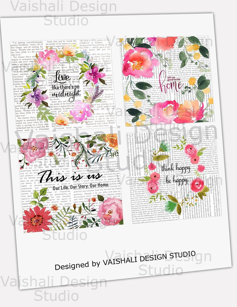 Watercolour florals with quotes, printable coasters, set of 4 designs, 3.8"X3.8"