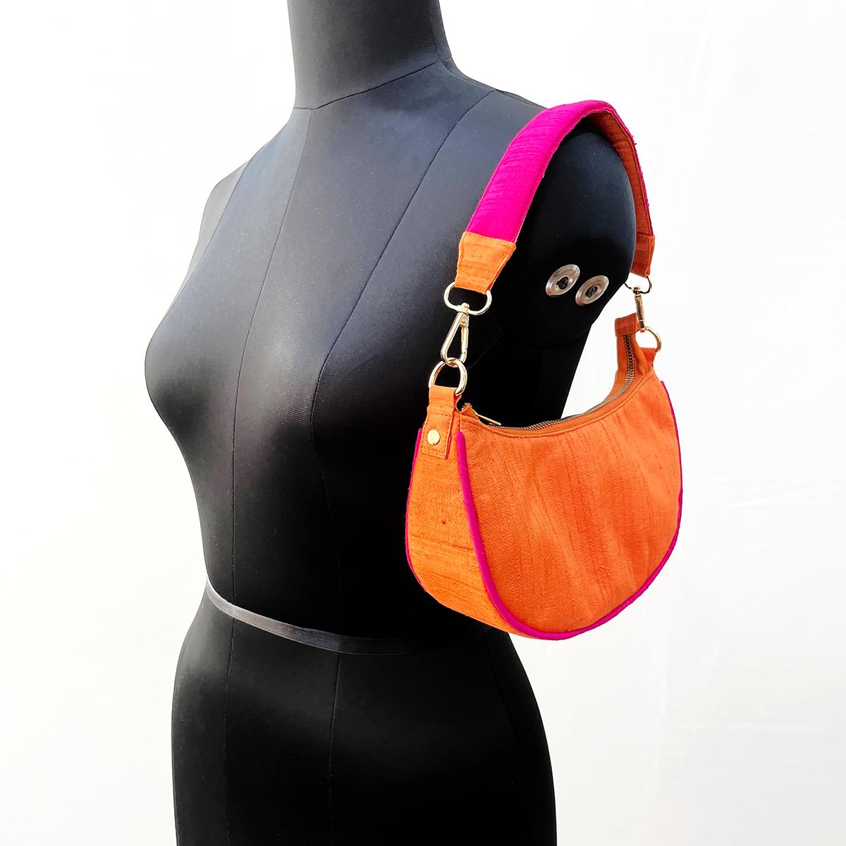 Small half moon crescent purse, pure silk, Tangerine and hot pink colour