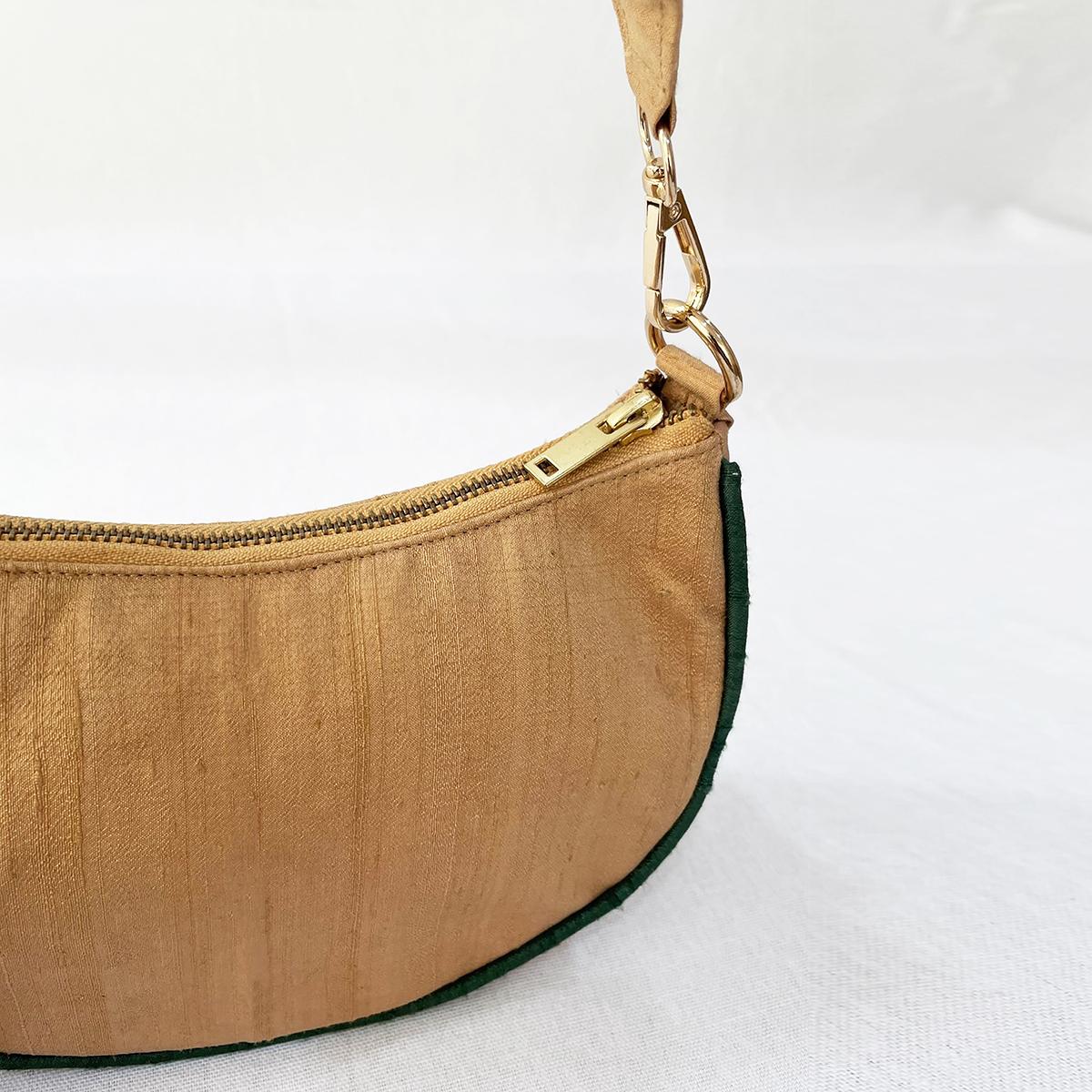 Small half moon crescent purse, pure silk, Beige & bottle green colour