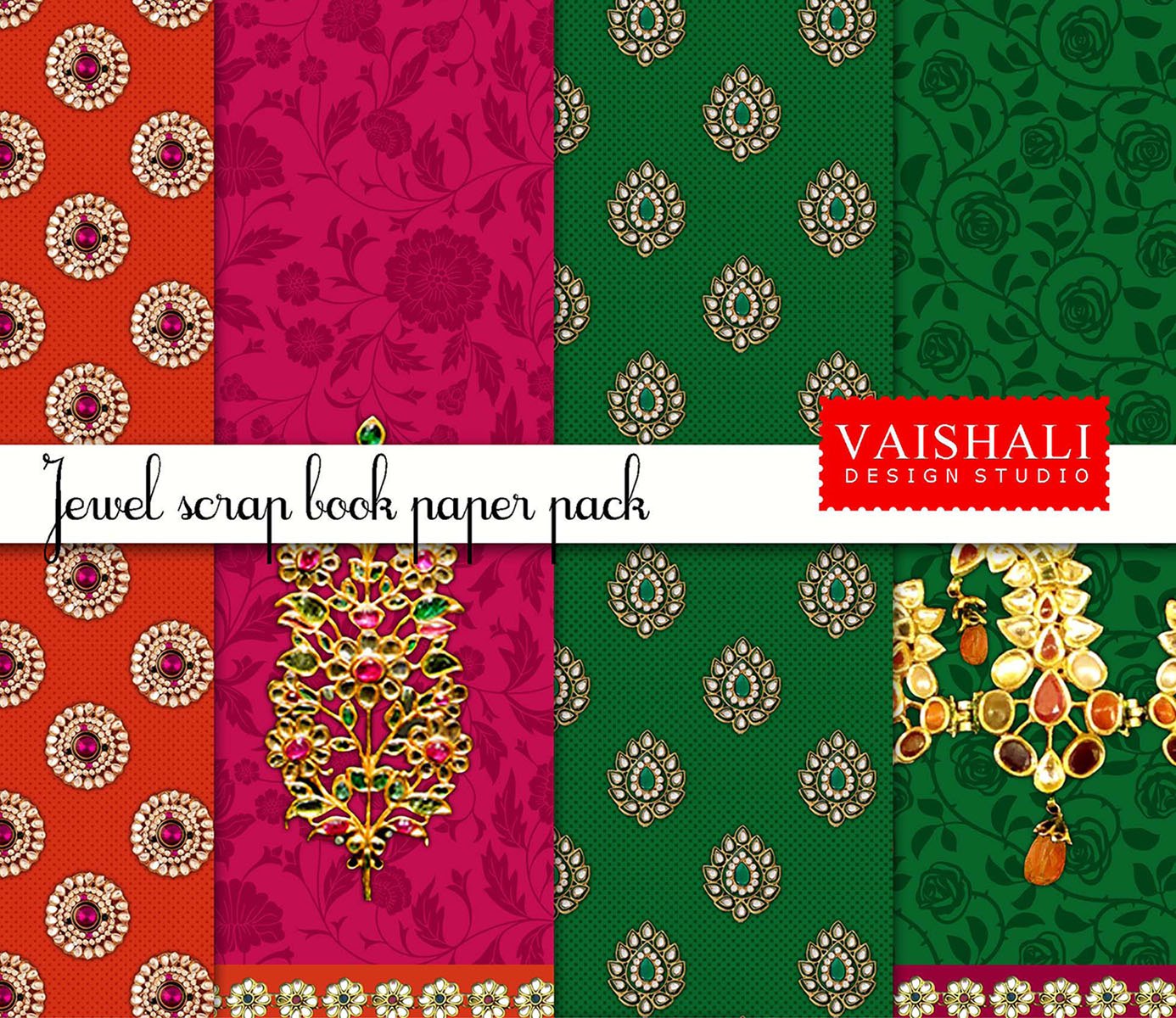 Maharaja jewel print, jewel tones, pre made pages, 5 sheets, digital print downloads