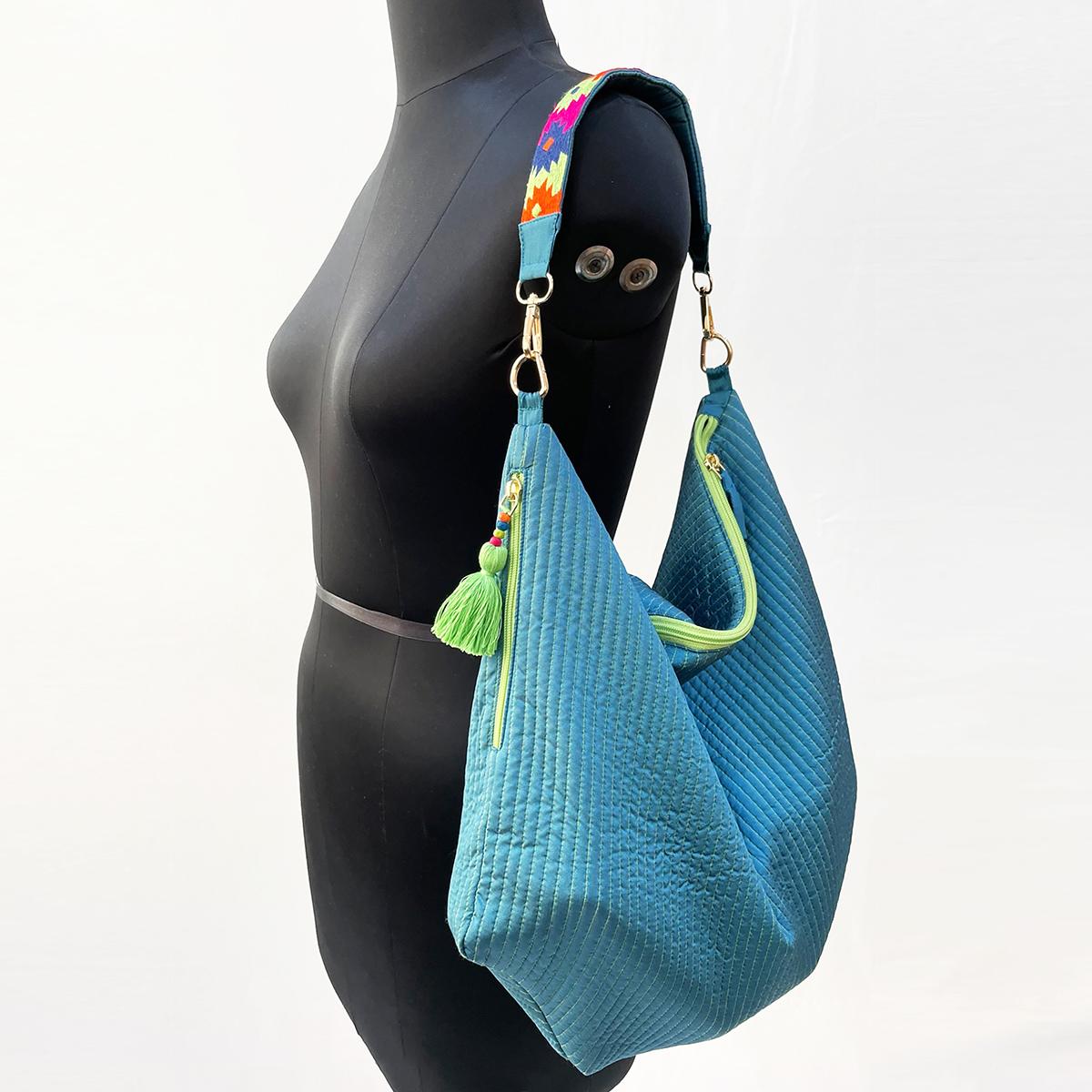 Faux Silk quilted HOBO Bag, Turquoise, hand embroidered handle, Gift for her