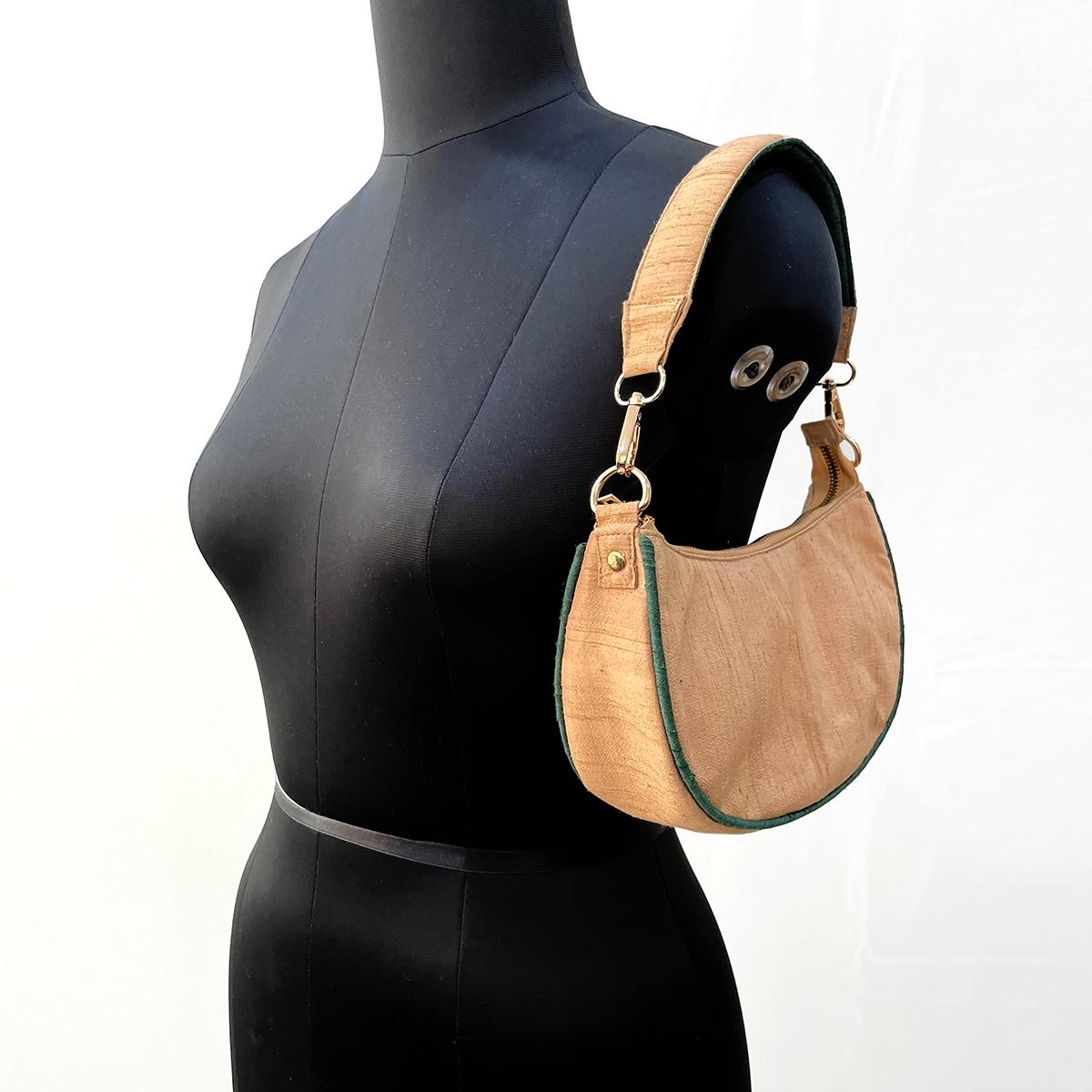 Small half moon crescent purse, pure silk, Beige & bottle green colour
