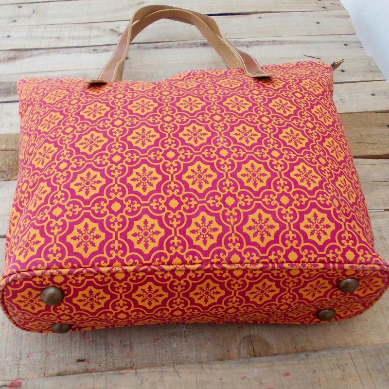 Tote bag, laminated cotton, Orange and pink bag, retro print, leather trims