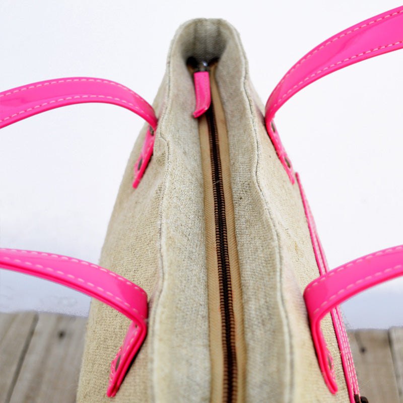 Tote bag, natural linen with hot pink faux leather, classic everyday bag